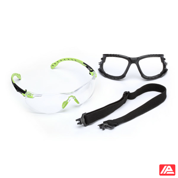 3M™ Solus™ 1000 Safety Glasses Green/Black Frame Scotchgard™ Anti-Fog/Anti-Scratch Coating (K&N) Clear Lens Foam Gasket and Strap S1201SGAFKT-EU - Image 3
