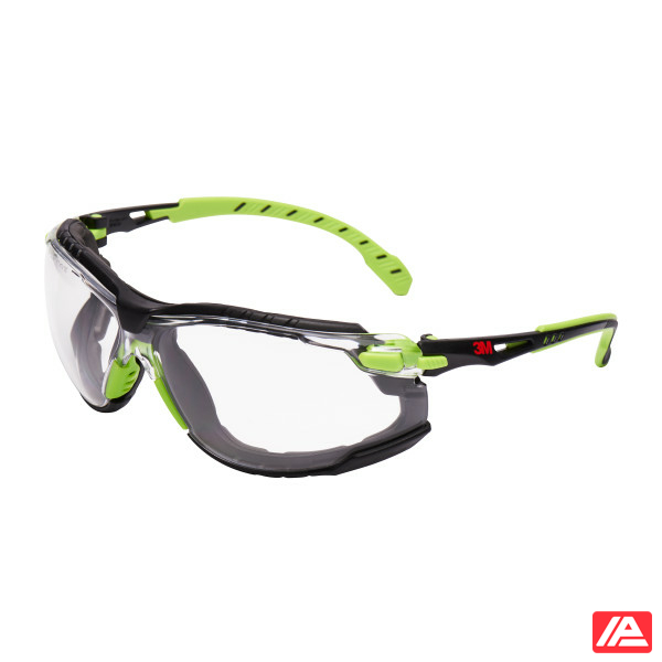 3M™ Solus™ 1000 Safety Glasses Green/Black Frame Scotchgard™ Anti-Fog/Anti-Scratch Coating (K&N) Clear Lens Foam Gasket and Strap S1201SGAFKT-EU