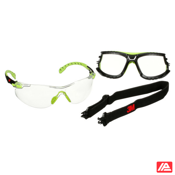 3M™ Solus™ 1000 Safety Glasses Green / Black Frame Scotchgard™ Anti-Fog/Anti-Scratch Coating (K&N) Clear lens TPE Gasket and Strap S1201SGAF-TSKT-EU
