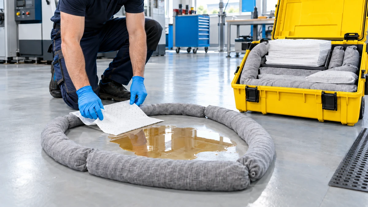 Κίτρινη θήκη spill kit με απορροφητικά υλικά δίπλα σε μικρή διαρροή