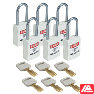 Συμπαγές SafeKey Νάιλον Αποκλεισμός Λουκέτα με Αλουμίνιο Shackle — CPT-WHT-38AL-KD6PK